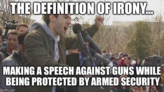  THE DEFINITION OF IRONY... MAKING A SPEECH AGAINST GUNS WHILE BEING PROTECTED BY ARMED SECURITY | image tagged in libtardpost,gun control,liberal hypocrisy,liberal logic,nra | made w/ Imgflip meme maker