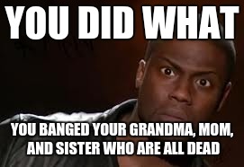 Kevin Hart Meme | YOU DID WHAT; YOU BANGED YOUR GRANDMA, MOM, AND SISTER WHO ARE ALL DEAD | image tagged in memes,kevin hart the hell | made w/ Imgflip meme maker