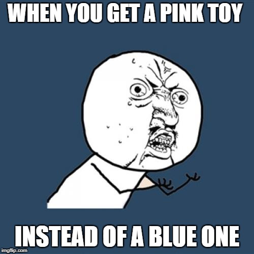 Y U No Meme |  WHEN YOU GET A PINK TOY; INSTEAD OF A BLUE ONE | image tagged in memes,y u no | made w/ Imgflip meme maker