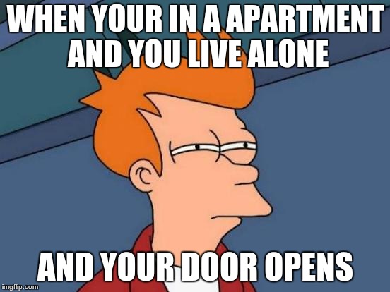 Futurama Fry | WHEN YOUR IN A APARTMENT AND YOU LIVE ALONE; AND YOUR DOOR OPENS | image tagged in memes,futurama fry | made w/ Imgflip meme maker