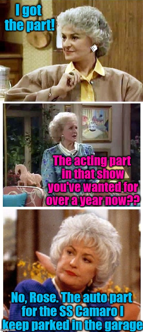 I miss Dorothy's sharp wit so much! | I got the part! The acting part in that show you've wanted for over a year now?? No, Rose. The auto part for the SS Camaro I keep parked in the garage | image tagged in golden girls | made w/ Imgflip meme maker
