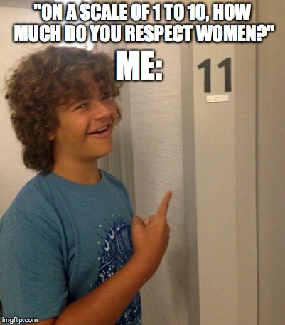 Respect women! | ME:; "ON A SCALE OF 1 TO 10, HOW MUCH DO YOU RESPECT WOMEN?" | image tagged in memes,funny,stranger things,eleven,respect women,gaten matarazzo | made w/ Imgflip meme maker