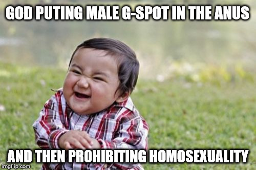 god and male g-spot | GOD PUTING MALE G-SPOT IN THE ANUS; AND THEN PROHIBITING HOMOSEXUALITY | image tagged in evil toddler,male,homosexuality,gay,god,banned | made w/ Imgflip meme maker
