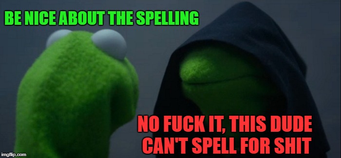 Evil Kermit Meme | BE NICE ABOUT THE SPELLING NO F**K IT, THIS DUDE CAN'T SPELL FOR SHIT | image tagged in memes,evil kermit | made w/ Imgflip meme maker