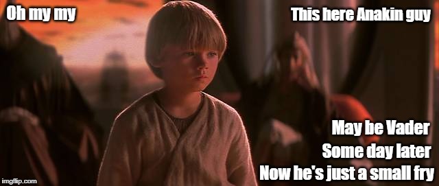 Darth Vader as a Toddler - Part l | This here Anakin guy; Oh my my; May be Vader; Some day later; Now he's just a small fry | image tagged in star wars | made w/ Imgflip meme maker