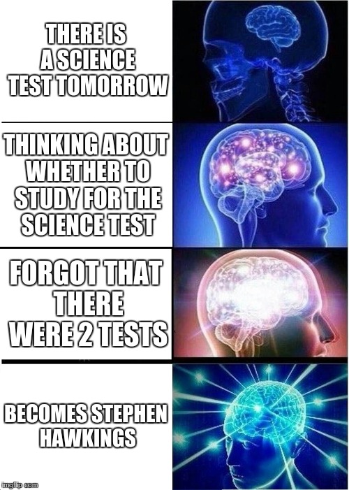 Expanding Brain Meme | THERE IS A SCIENCE TEST TOMORROW; THINKING ABOUT WHETHER TO STUDY FOR THE SCIENCE TEST; FORGOT THAT THERE WERE 2 TESTS; BECOMES STEPHEN HAWKINGS | image tagged in memes,expanding brain | made w/ Imgflip meme maker