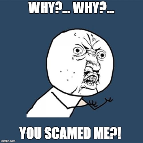 Y U No | WHY?... WHY?... YOU SCAMED ME?! | image tagged in memes,y u no | made w/ Imgflip meme maker