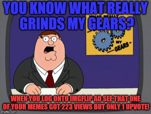 True Story |  YOU KNOW WHAT REALLY GRINDS MY GEARS? WHEN YOU LOG ONTO IMGFLIP AD SEE THAT ONE OF YOUR MEMES GOT 223 VIEWS BUT ONLY 1 UPVOTE! | image tagged in memes,peter griffin news,relatable,sorry there's a typo | made w/ Imgflip meme maker