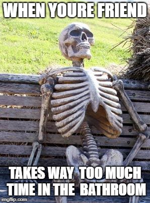 Waiting Skeleton | WHEN YOURE FRIEND; TAKES WAY  TOO MUCH TIME IN THE  BATHROOM | image tagged in memes,waiting skeleton | made w/ Imgflip meme maker