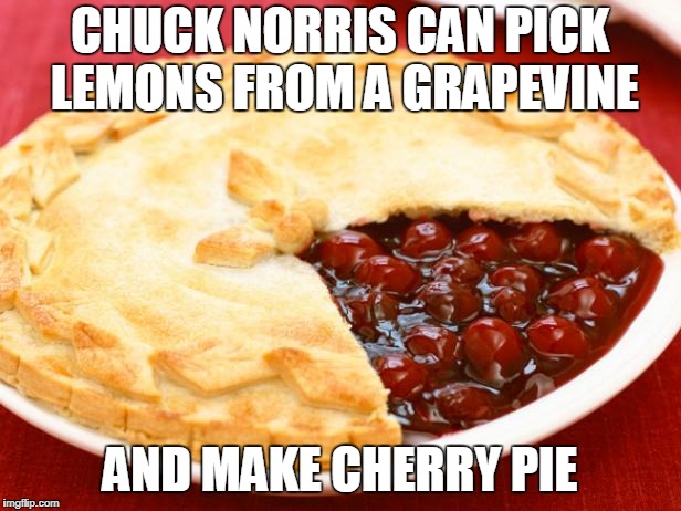 Chuck Norris cherry pie | CHUCK NORRIS CAN PICK LEMONS FROM A GRAPEVINE; AND MAKE CHERRY PIE | image tagged in chuck norris,memes,cherry pie | made w/ Imgflip meme maker