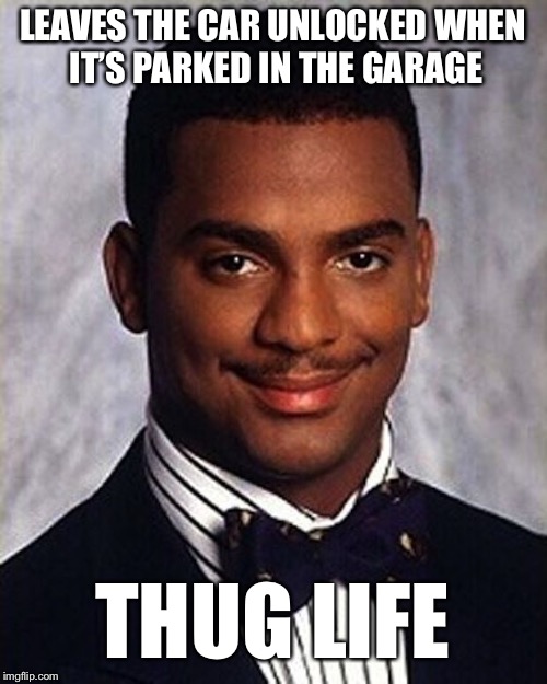 Carlton Banks Thug Life | LEAVES THE CAR UNLOCKED WHEN IT’S PARKED IN THE GARAGE; THUG LIFE | image tagged in carlton banks thug life | made w/ Imgflip meme maker