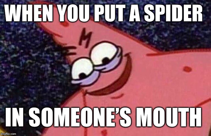 Evil Patrick  | WHEN YOU PUT A SPIDER; IN SOMEONE’S MOUTH | image tagged in evil patrick | made w/ Imgflip meme maker