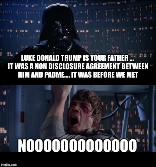 Star Wars No | LUKE DONALD TRUMP IS YOUR FATHER ... IT WAS A NON DISCLOSURE AGREEMENT BETWEEN HIM AND PADME.... IT WAS BEFORE WE MET; NOOOOOOOOOOOOO | image tagged in memes,star wars no | made w/ Imgflip meme maker