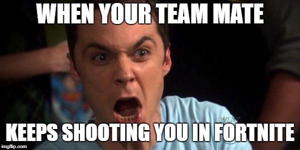 Sheldon Cooper | WHEN YOUR TEAM MATE; KEEPS SHOOTING YOU IN FORTNITE | image tagged in sheldon cooper | made w/ Imgflip meme maker