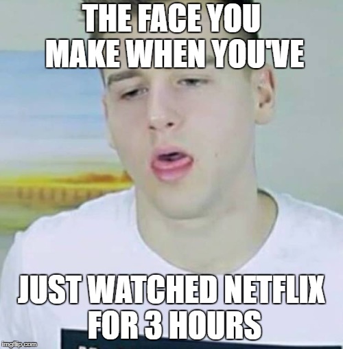 Netflix | THE FACE YOU MAKE WHEN YOU'VE; JUST WATCHED NETFLIX FOR 3 HOURS | image tagged in netflix | made w/ Imgflip meme maker