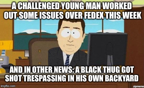 Aaaand this country is racist |  A CHALLENGED YOUNG MAN WORKED OUT SOME ISSUES OVER FEDEX THIS WEEK; AND IN OTHER NEWS: A BLACK THUG GOT SHOT TRESPASSING IN HIS OWN BACKYARD | image tagged in aaaand it's gone | made w/ Imgflip meme maker