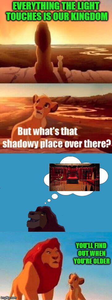 Mufasa's Happy Place | EVERYTHING THE LIGHT TOUCHES IS OUR KINGDOM; YOU'LL FIND OUT WHEN YOU'RE OLDER | image tagged in memes,simba shadowy place,red room | made w/ Imgflip meme maker