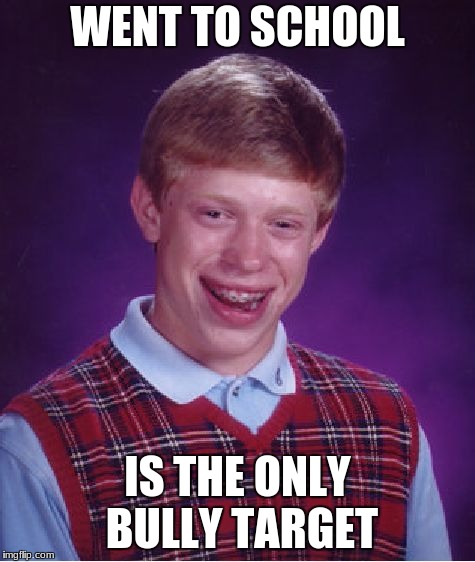 Bad Luck Brian Meme | WENT TO SCHOOL; IS THE ONLY BULLY TARGET | image tagged in memes,bad luck brian | made w/ Imgflip meme maker