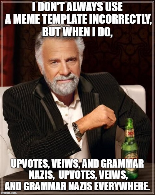The Most Interesting Man In The World Meme | I DON'T ALWAYS USE A MEME TEMPLATE INCORRECTLY, BUT WHEN I DO, UPVOTES, VEIWS, AND GRAMMAR NAZIS,  UPVOTES, VEIWS, AND GRAMMAR NAZIS EVERYWH | image tagged in memes,the most interesting man in the world | made w/ Imgflip meme maker