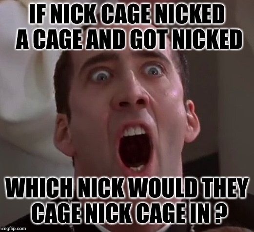To cage nick “the cage” cage | IF NICK CAGE NICKED A CAGE AND GOT NICKED; WHICH NICK WOULD THEY CAGE NICK CAGE IN ? | image tagged in memes,nick cage,funny | made w/ Imgflip meme maker