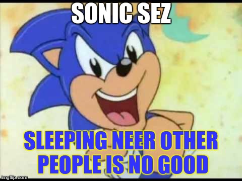 Sonic sez | SONIC SEZ; SLEEPING NEER OTHER PEOPLE IS
NO GOOD | image tagged in sonic sez | made w/ Imgflip meme maker