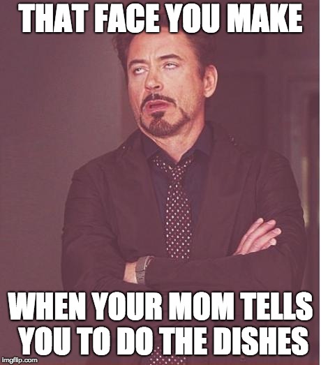 Face You Make Robert Downey Jr Meme | THAT FACE YOU MAKE; WHEN YOUR MOM TELLS YOU TO DO THE DISHES | image tagged in memes,face you make robert downey jr | made w/ Imgflip meme maker