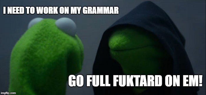 Screw the Grammar Nazi's | I NEED TO WORK ON MY GRAMMAR; GO FULL FUKTARD ON EM! | image tagged in memes,evil kermit,grammar nazi,funny memes | made w/ Imgflip meme maker
