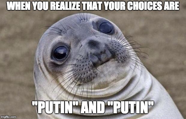 Awkward Elections | WHEN YOU REALIZE THAT YOUR CHOICES ARE; "PUTIN" AND "PUTIN" | image tagged in memes,awkward moment sealion,russia,putin,vladimir putin | made w/ Imgflip meme maker