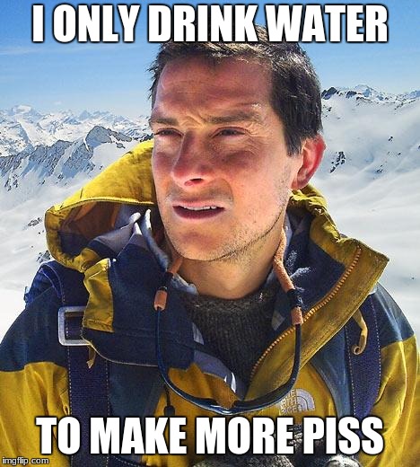 Bear Grylls Meme | I ONLY DRINK WATER; TO MAKE MORE PISS | image tagged in memes,bear grylls | made w/ Imgflip meme maker