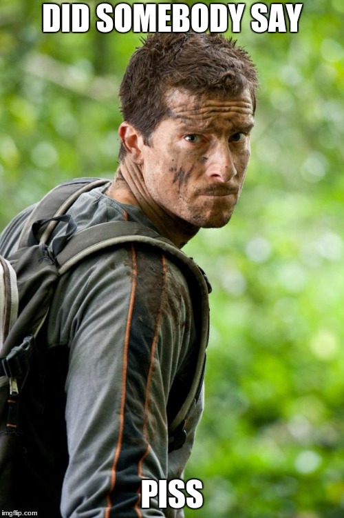 Bear grylls | DID SOMEBODY SAY; PISS | image tagged in bear grylls | made w/ Imgflip meme maker