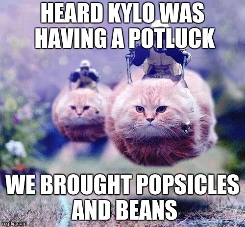 the dark side is having a potluck today | HEARD KYLO WAS HAVING A POTLUCK; WE BROUGHT POPSICLES AND BEANS | image tagged in starwars potluck | made w/ Imgflip meme maker