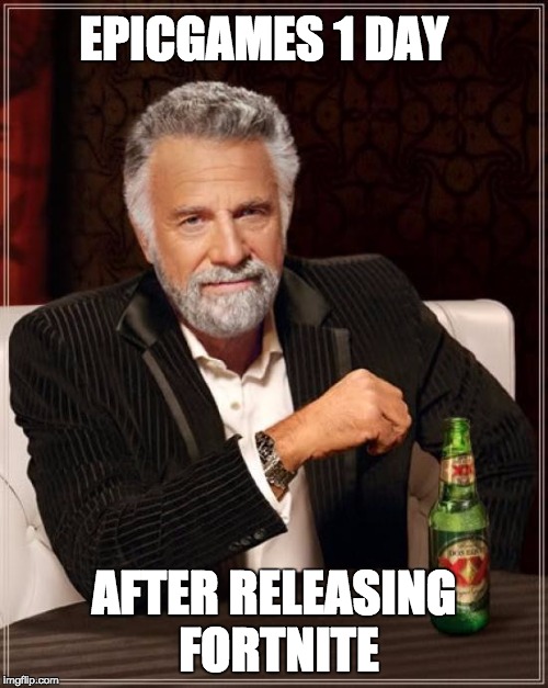 The Most Interesting Man In The World Meme | EPICGAMES 1 DAY; AFTER RELEASING FORTNITE | image tagged in memes,the most interesting man in the world | made w/ Imgflip meme maker