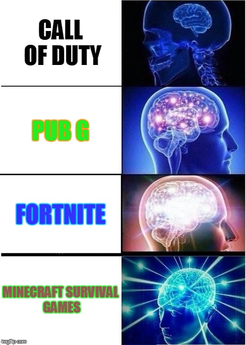 Expanding Brain | CALL OF DUTY; PUB G; FORTNITE; MINECRAFT SURVIVAL GAMES | image tagged in memes,expanding brain | made w/ Imgflip meme maker