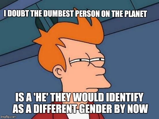 I DOUBT THE DUMBEST PERSON ON THE PLANET IS A 'HE' THEY WOULD IDENTIFY AS A DIFFERENT GENDER BY NOW | image tagged in memes,futurama fry | made w/ Imgflip meme maker