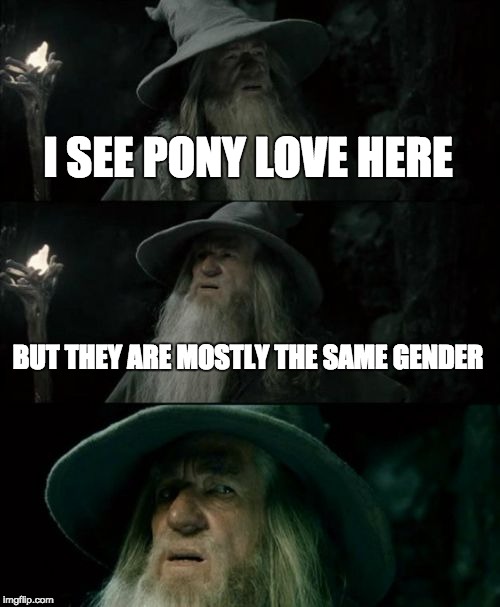 Confused Gandalf | I SEE PONY LOVE HERE; BUT THEY ARE MOSTLY THE SAME GENDER | image tagged in memes,confused gandalf | made w/ Imgflip meme maker