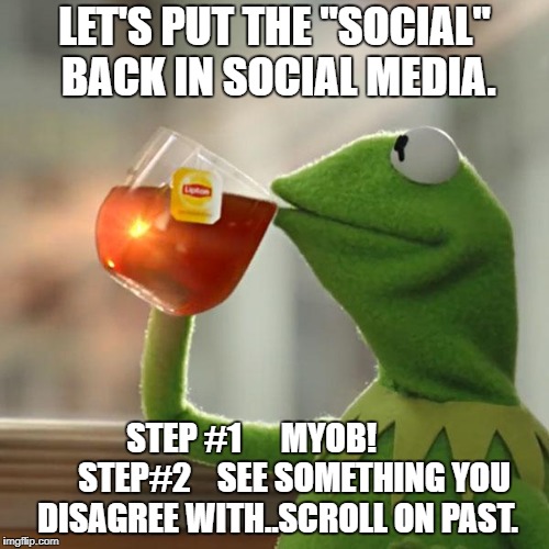 But That's None Of My Business | LET'S PUT THE "SOCIAL" BACK IN SOCIAL MEDIA. STEP #1      MYOB!            
STEP#2    SEE SOMETHING YOU DISAGREE WITH..SCROLL ON PAST. | image tagged in memes,but thats none of my business,kermit the frog | made w/ Imgflip meme maker