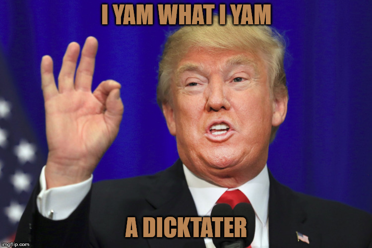 Trump Yammering Again | I YAM WHAT I YAM; A DICKTATER | image tagged in iyamwhatiyam,mashedtaters,trumpandtubers | made w/ Imgflip meme maker