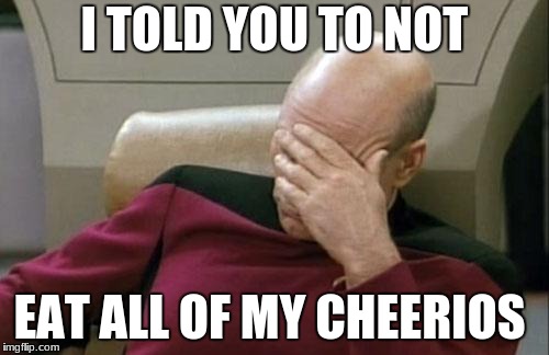 Captain Picard Facepalm Meme | I TOLD YOU TO NOT; EAT ALL OF MY CHEERIOS | image tagged in memes,captain picard facepalm | made w/ Imgflip meme maker