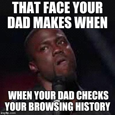Kevin Hart Mad | THAT FACE YOUR DAD MAKES WHEN; WHEN YOUR DAD CHECKS YOUR BROWSING HISTORY | image tagged in kevin hart mad | made w/ Imgflip meme maker