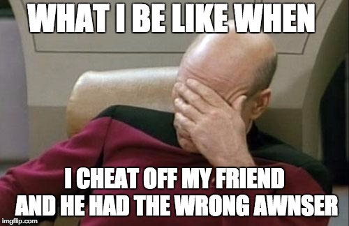 Captain Picard Facepalm Meme | WHAT I BE LIKE WHEN; I CHEAT OFF MY FRIEND AND HE HAD THE WRONG AWNSER | image tagged in memes,captain picard facepalm | made w/ Imgflip meme maker