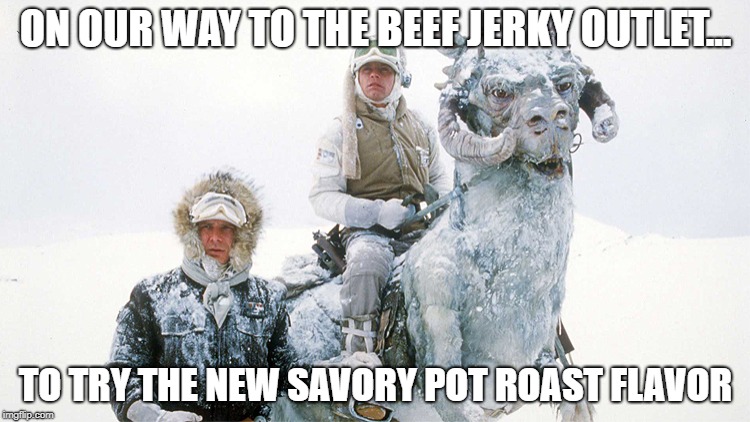 Star Wars Snow | ON OUR WAY TO THE BEEF JERKY OUTLET... TO TRY THE NEW SAVORY POT ROAST FLAVOR | image tagged in star wars snow | made w/ Imgflip meme maker