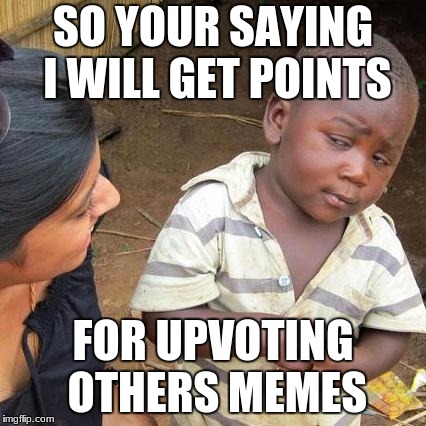 the confused kid
 | SO YOUR SAYING I WILL GET POINTS; FOR UPVOTING OTHERS MEMES | image tagged in memes,third world skeptical kid | made w/ Imgflip meme maker