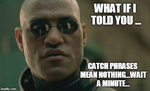 Matrix Morpheus Meme | WHAT IF I TOLD YOU ... CATCH PHRASES MEAN NOTHING...WAIT A MINUTE... | image tagged in memes,matrix morpheus | made w/ Imgflip meme maker
