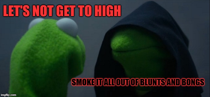 Evil Kermit Meme | LET'S NOT GET TO HIGH; SMOKE IT ALL OUT OF BLUNTS AND BONGS | image tagged in memes,evil kermit | made w/ Imgflip meme maker