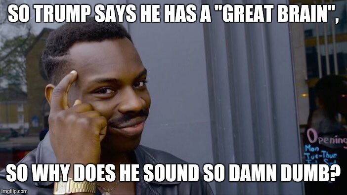 Roll Safe Think About It Meme | SO TRUMP SAYS HE HAS A "GREAT BRAIN", SO WHY DOES HE SOUND SO DAMN DUMB? | image tagged in memes,roll safe think about it | made w/ Imgflip meme maker
