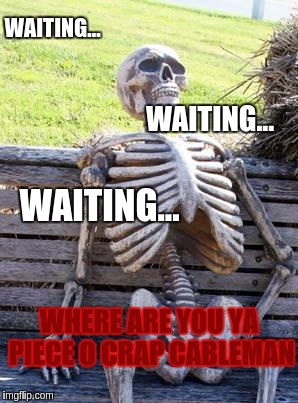 Waiting Skeleton | WAITING... WAITING... WAITING... WHERE ARE YOU YA PIECE O CRAP CABLEMAN | image tagged in memes,waiting skeleton | made w/ Imgflip meme maker