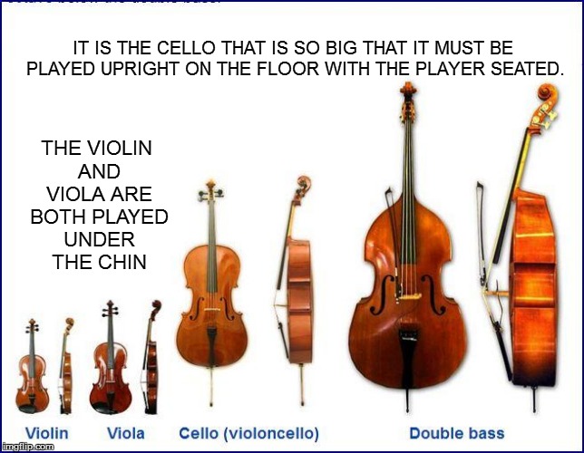 IT IS THE CELLO THAT IS SO BIG THAT IT MUST BE PLAYED UPRIGHT ON THE FLOOR WITH THE PLAYER SEATED. THE VIOLIN AND VIOLA ARE BOTH PLAYED UNDE | made w/ Imgflip meme maker