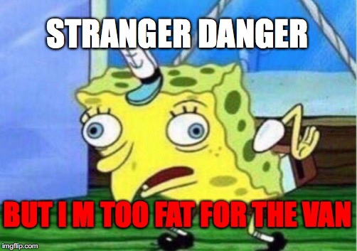 Mocking Spongebob | STRANGER DANGER; BUT I M TOO FAT FOR THE VAN | image tagged in memes,mocking spongebob | made w/ Imgflip meme maker
