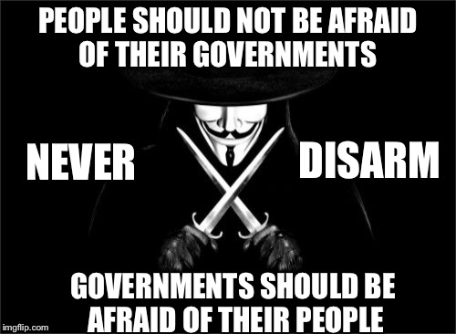 V For Vendetta Meme | PEOPLE SHOULD NOT BE AFRAID OF THEIR GOVERNMENTS; DISARM; NEVER; GOVERNMENTS SHOULD BE AFRAID OF THEIR PEOPLE | image tagged in memes,v for vendetta | made w/ Imgflip meme maker