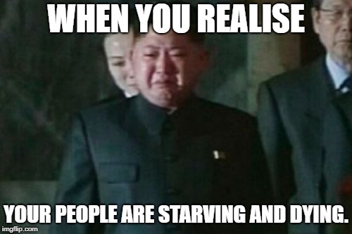 Kim Jong Un Sad Meme | WHEN YOU REALISE; YOUR PEOPLE ARE STARVING AND DYING. | image tagged in memes,kim jong un sad | made w/ Imgflip meme maker